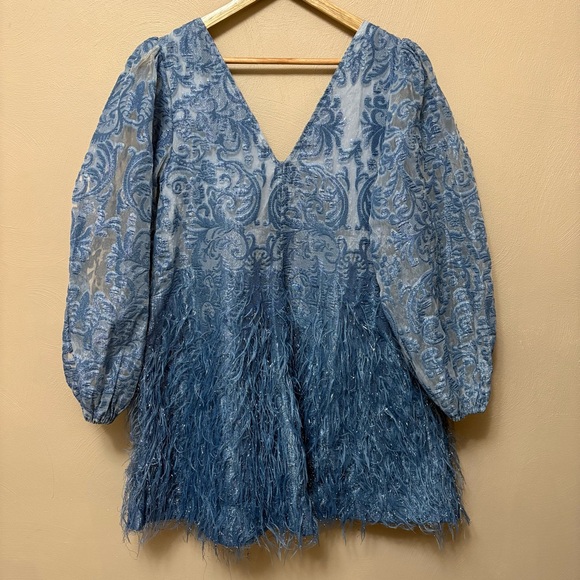 Ganni Feather-trim Brocade Mini Dress Mid Blue Size 34 XS - Picture 11 of 16